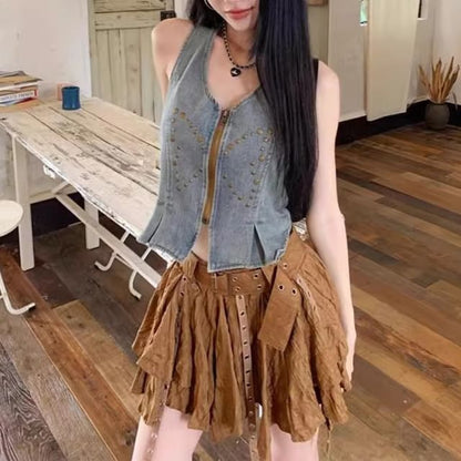 Studded Denim Crop Zip Vest with Asymmetrical Mini Skirt