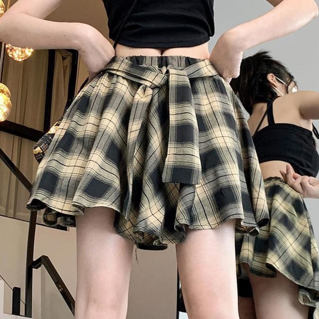 Plaid High-Rise Flared Mini Skirt
