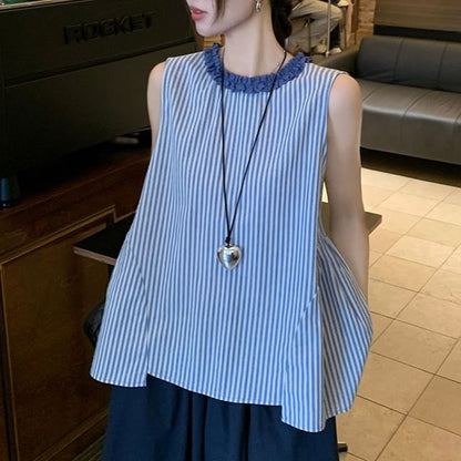 Striped Asymmetrical Sleeveless Blouse with Midi A-Line Skirt