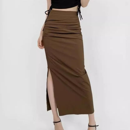 Ruched Plain High-Waist Pencil Midi Skirt