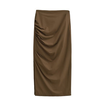 Ruched Plain High-Waist Pencil Midi Skirt