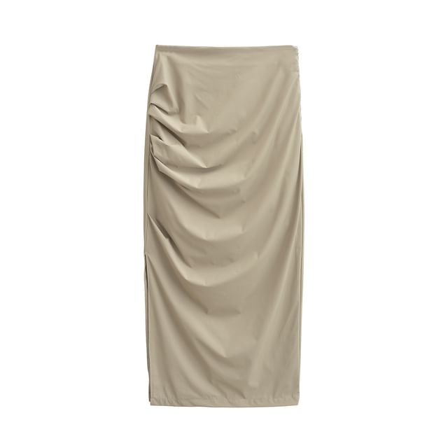 Ruched Plain High-Waist Pencil Midi Skirt