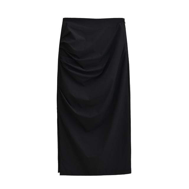 Ruched Plain High-Waist Pencil Midi Skirt