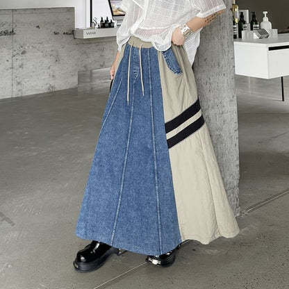 Denim Paneled Maxi Flared Skirt with High Waist