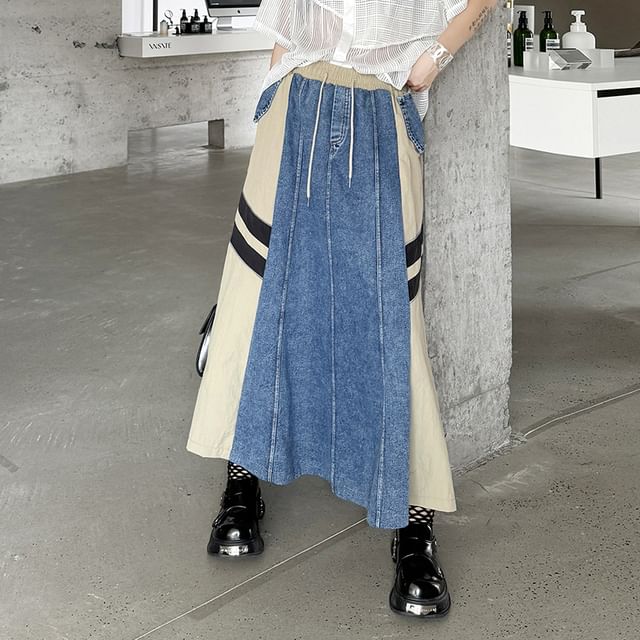 Denim Paneled Maxi Flared Skirt with High Waist