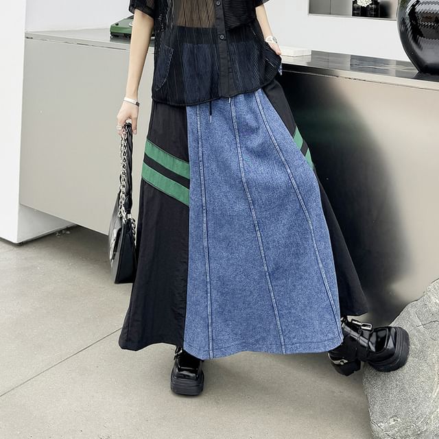 Denim Paneled Maxi Flared Skirt with High Waist
