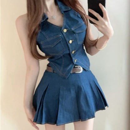 Denim Collarless Crop Top with Pleated Mini Skirt