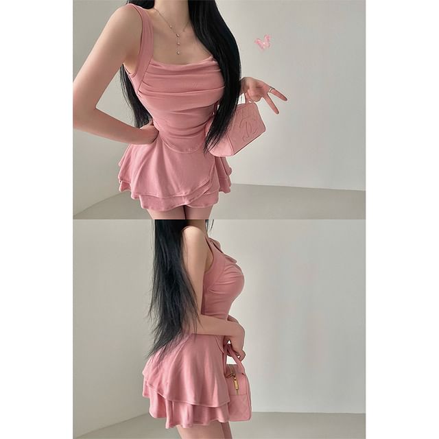 Square-Neck Ruched Tank Top Set with Tiered Mini Skirt