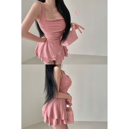 Square-Neck Ruched Tank Top Set with Tiered Mini Skirt