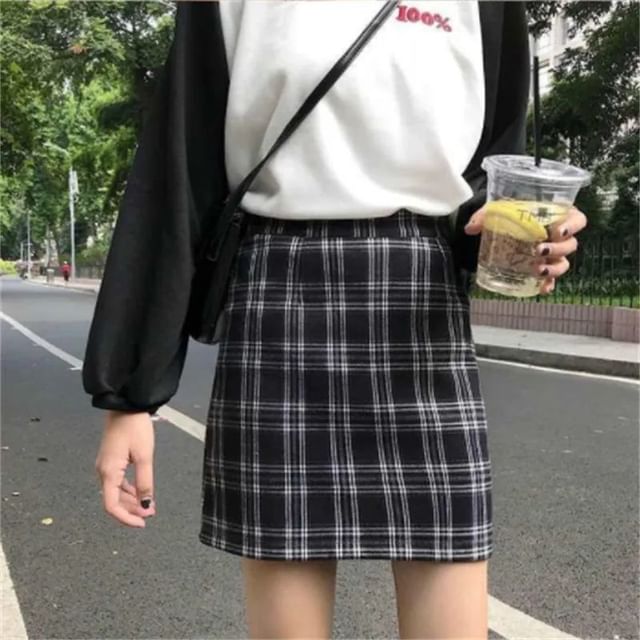 Plaid High-Waist Pencil Mini Skirt