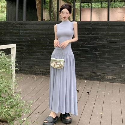 Mock-Neck Tank Top Set with Maxi A-Line Skirt