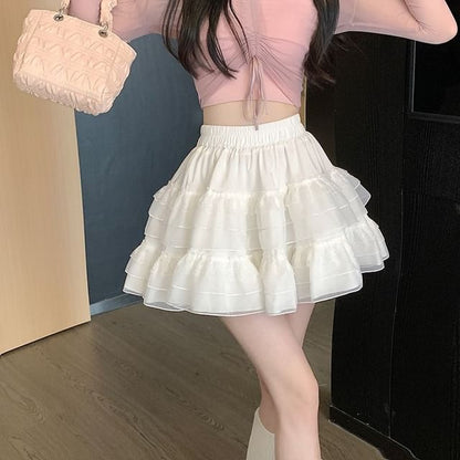 Plain High-Rise Tiered Mini Skirt