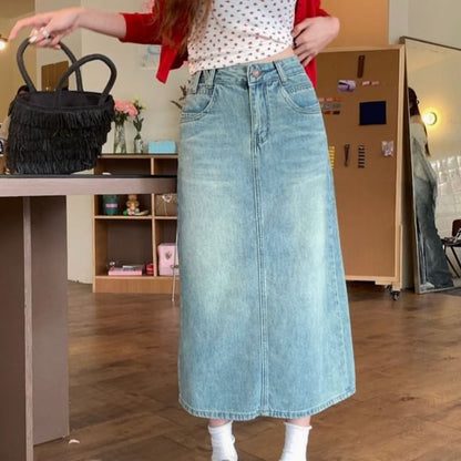 Washed Slit High-Rise Denim Midi A-Line Skirt