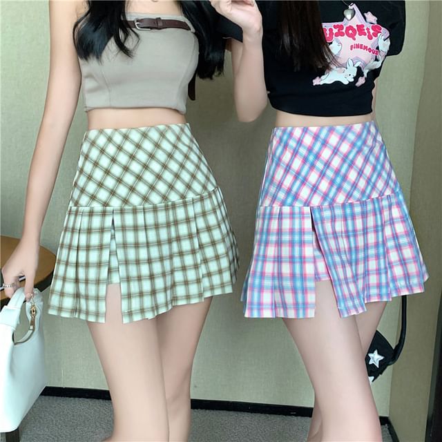 Plaid Pleated High-Waist Flared Mini Skirt
