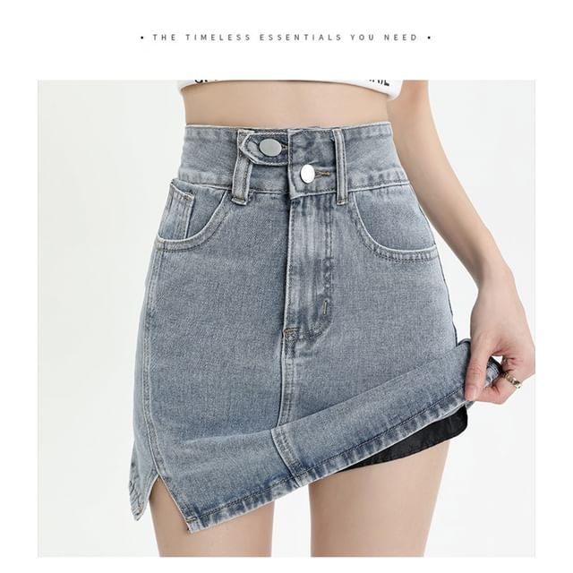 Slit Washed Denim High-Rise Pencil Skirt