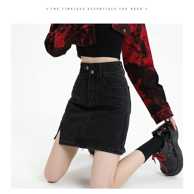 Slit Washed Denim High-Rise Pencil Skirt