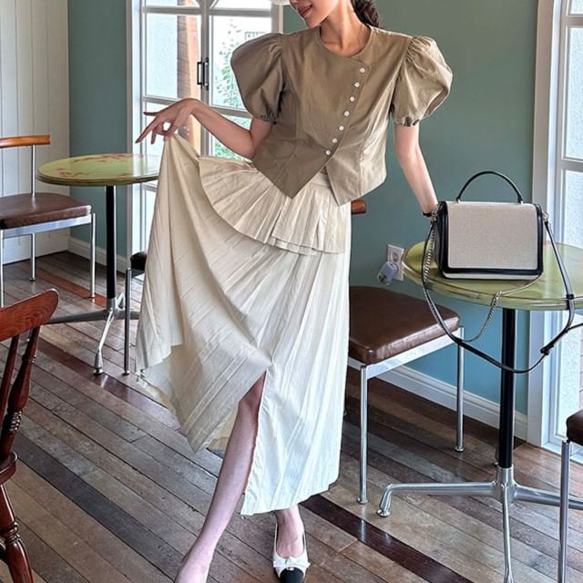 Puff-Sleeve Asymmetrical Blouse with Pleated Midi Skirt