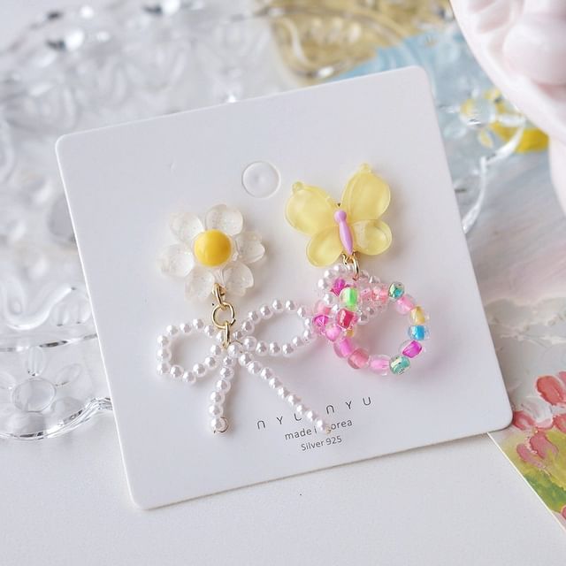 Drop Clip On / Earring Asymmetrical Flower Beaded