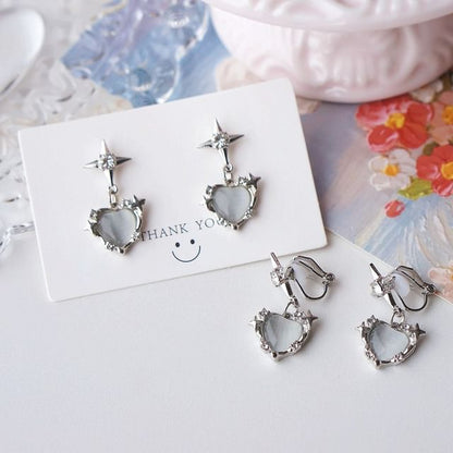 On Earring Drop Rhinestone Clip / Heart