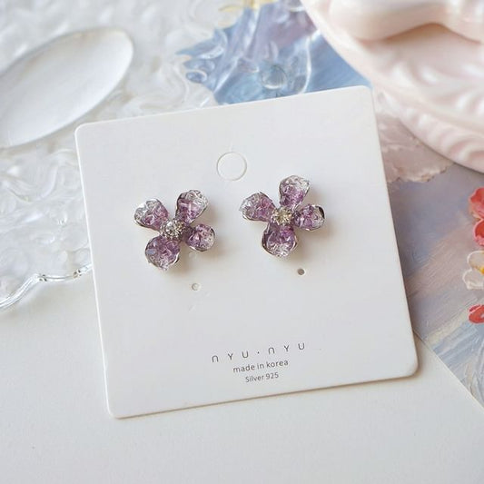 Stud Earring / Flower On Clip Rhinestone