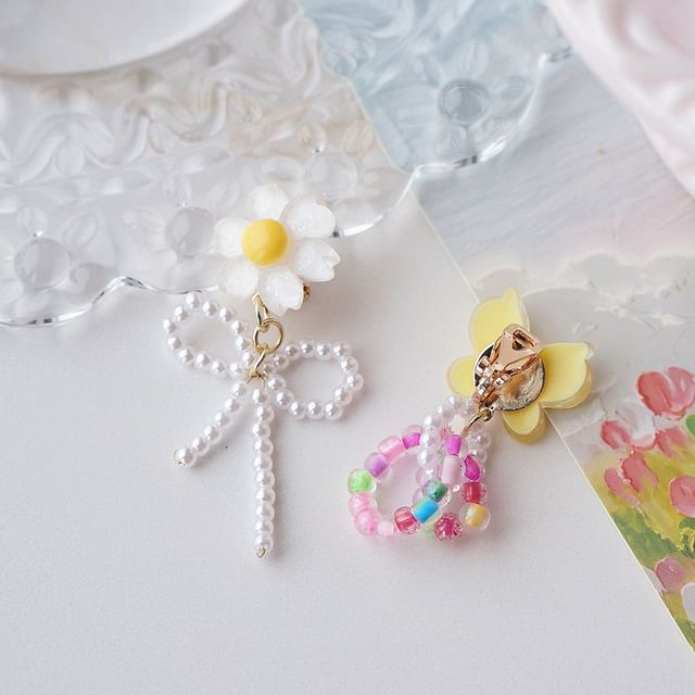 Drop Clip On / Earring Asymmetrical Flower Beaded