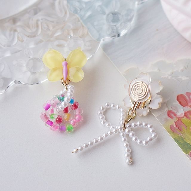 Drop Clip On / Earring Asymmetrical Flower Beaded