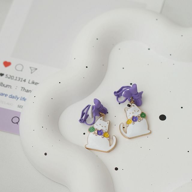 Bow Cat Drop Earring / On Clip