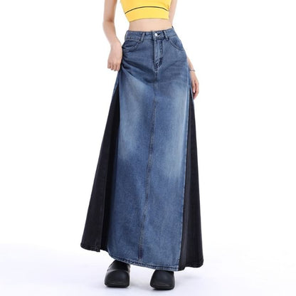 Washed Denim Panel Maxi A-Line Skirt with High Waist