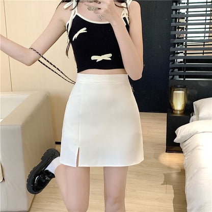 Slit High-Waist Plain Flared Mini Skirt