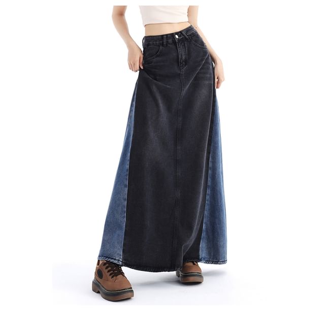 Washed Denim Panel Maxi A-Line Skirt with High Waist