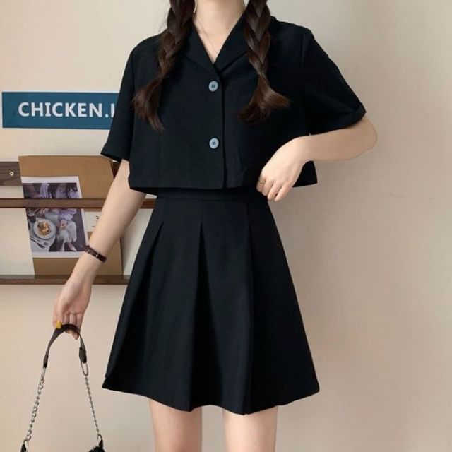 Button-Up Short-Sleeve Blazer Set with Mini Skirt