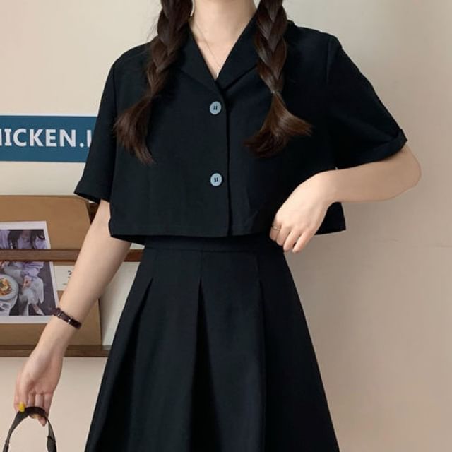 Button-Up Short-Sleeve Blazer Set with Mini Skirt