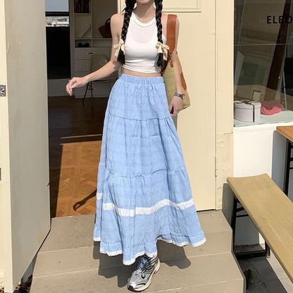 Lace Trim High-Rise Maxi Flared Skirt
