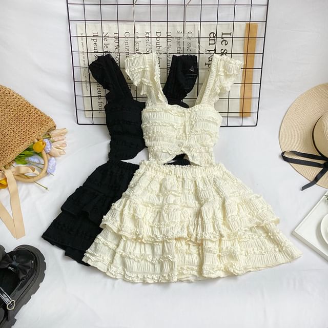 Square Neck Frilled Sleeveless Top with A-Line Mini Skirt Set