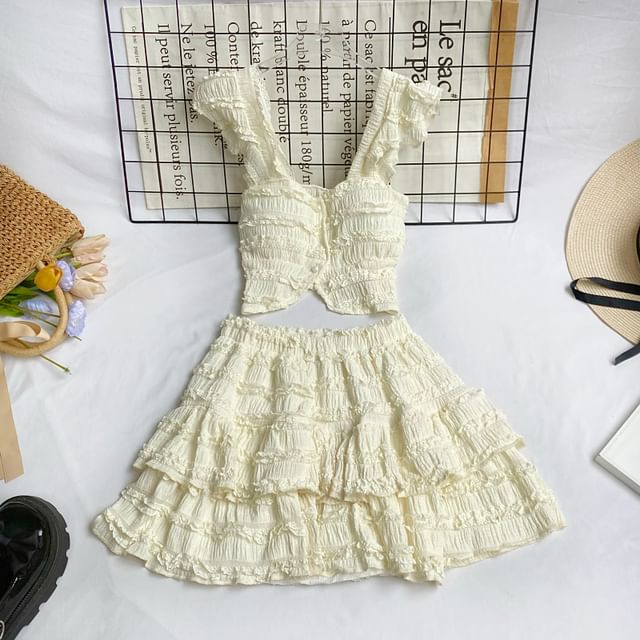 Square Neck Frilled Sleeveless Top with A-Line Mini Skirt Set