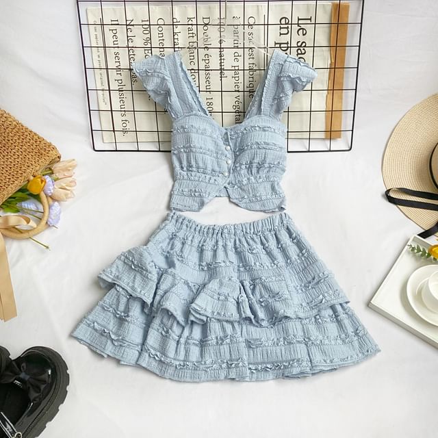 Square Neck Frilled Sleeveless Top with A-Line Mini Skirt Set