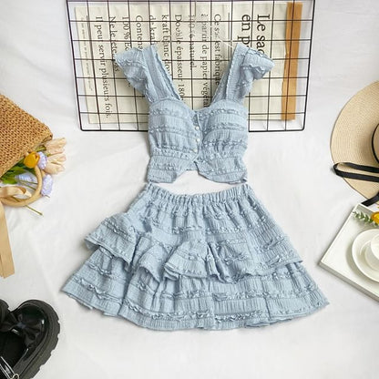 Square Neck Frilled Sleeveless Top with A-Line Mini Skirt Set