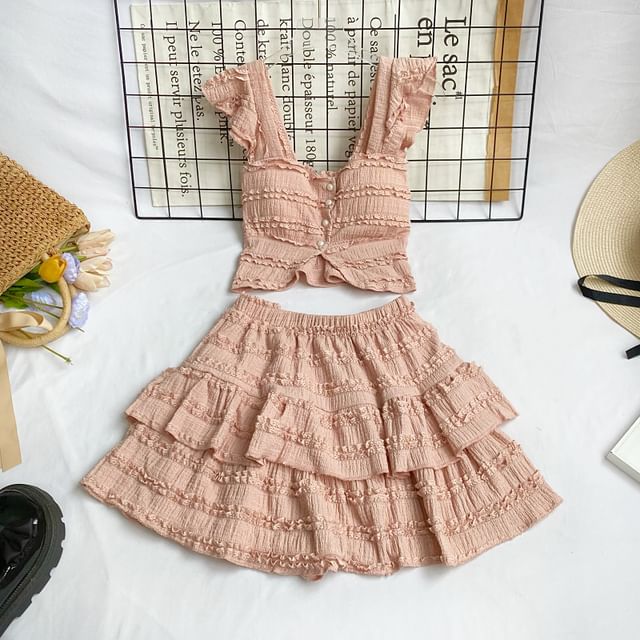 Square Neck Frilled Sleeveless Top with A-Line Mini Skirt Set