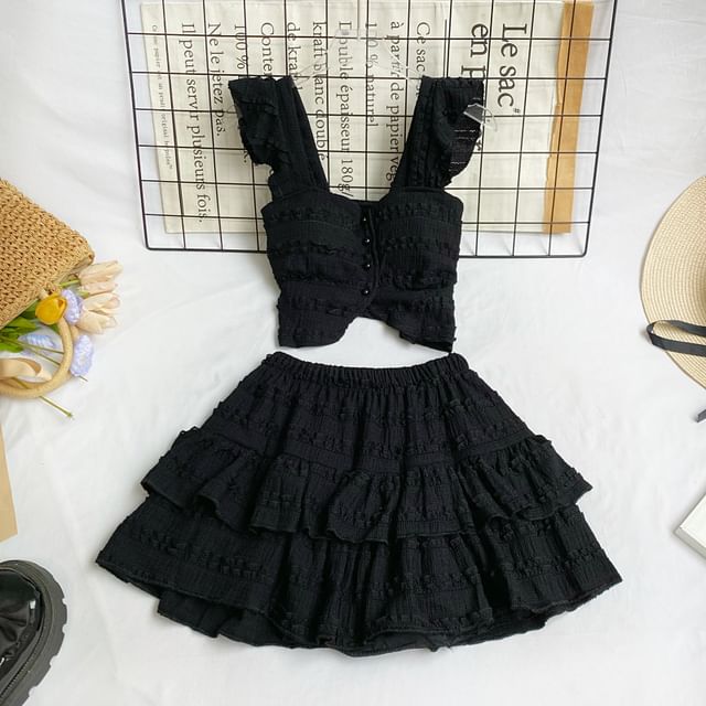 Square Neck Frilled Sleeveless Top with A-Line Mini Skirt Set