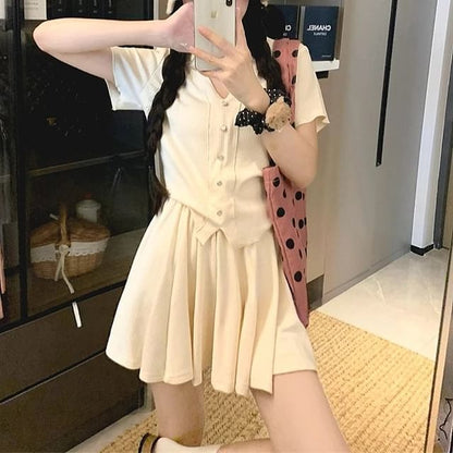 V-Neck Short-Sleeve Tee with High-Waist Mini Flared Skirt