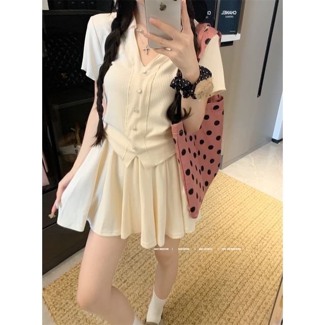 V-Neck Short-Sleeve Tee with High-Waist Mini Flared Skirt