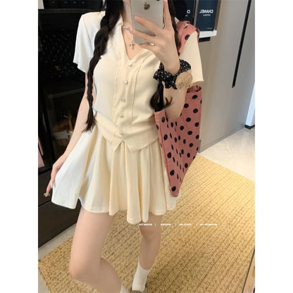 V-Neck Short-Sleeve Tee with High-Waist Mini Flared Skirt