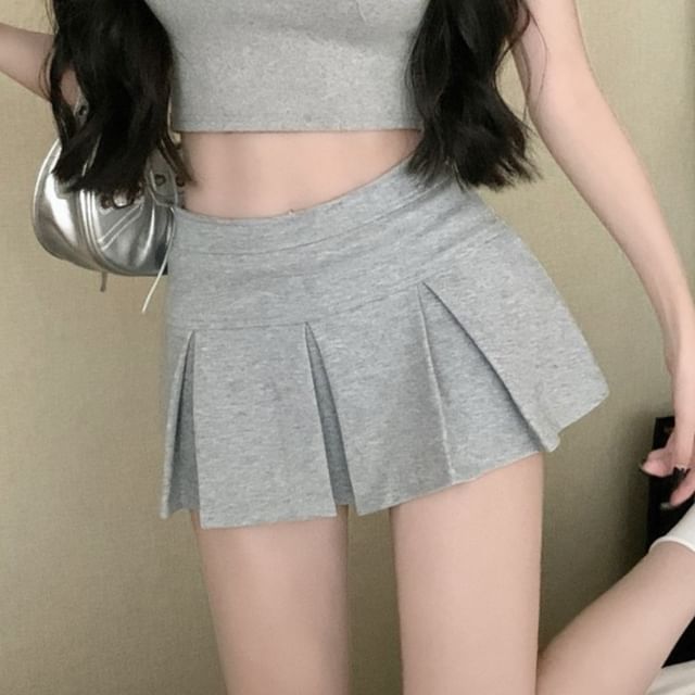 Pleated High-Waist Plain Flared Mini Skirt