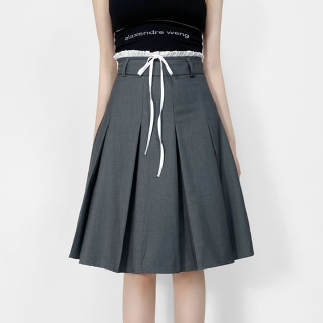 Pleated High-Waist Plain Flared Midi Skirt