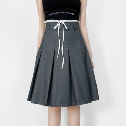 Pleated High-Waist Plain Flared Midi Skirt