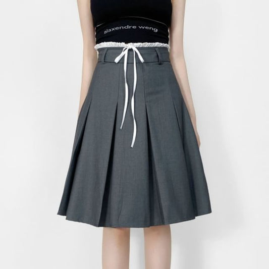 Pleated High-Waist Plain Flared Midi Skirt