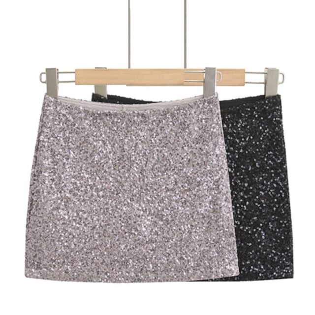 Sequin-Embellished Pencil Mini Skirt with Elevated Waist