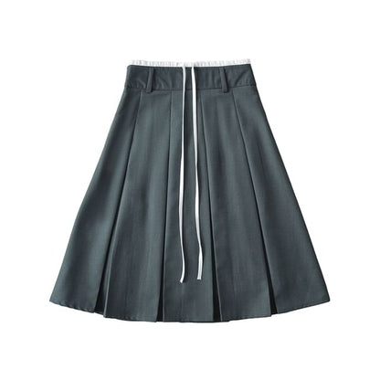 Pleated High-Waist Plain Flared Midi Skirt