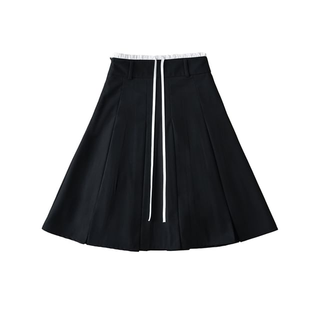 Pleated High-Waist Plain Flared Midi Skirt