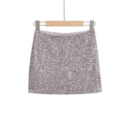 Sequin-Embellished Pencil Mini Skirt with Elevated Waist